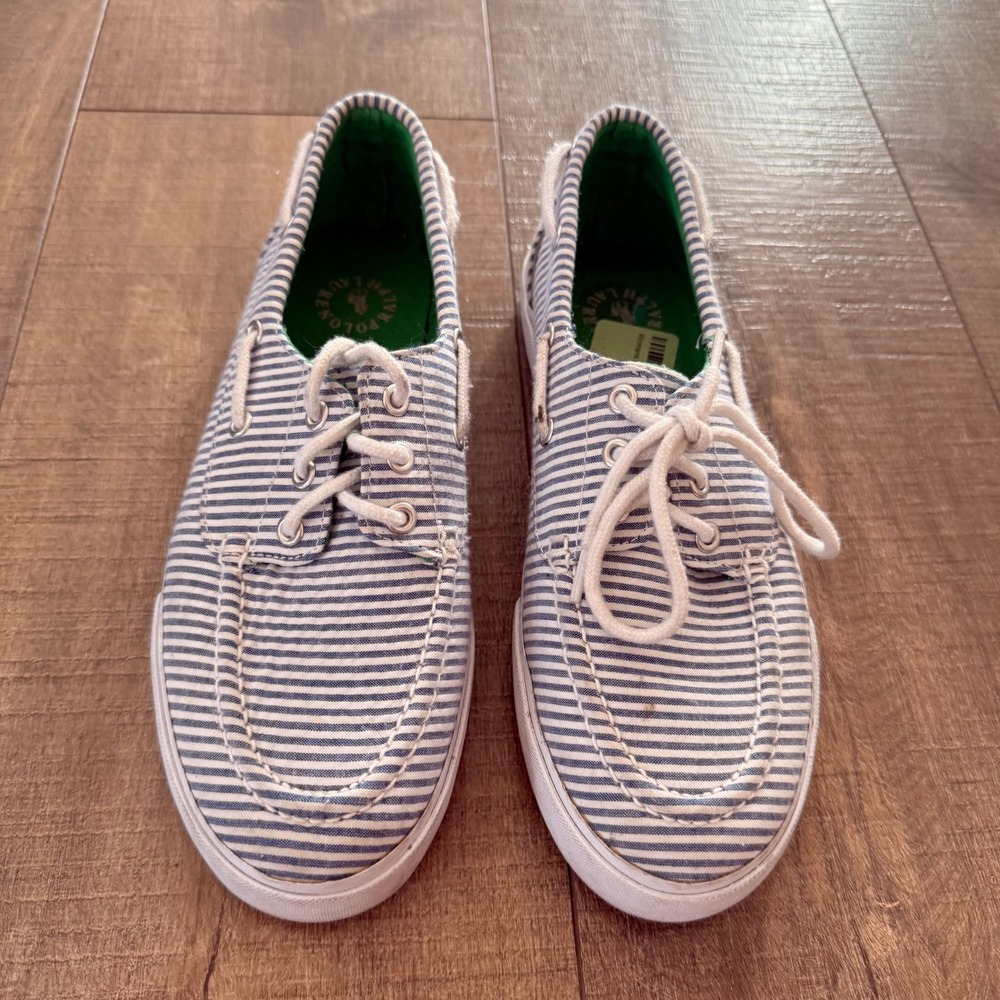 Womens Polo Ralph Lauren Boat Shoes Striped Lace Up Canvas Sneakers Lilia Size 8